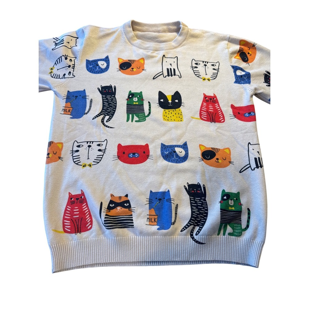 SHEIN Womens Large Cream Multicolor Cartoon Cat Print Knit Crewneck Sweater‎ L